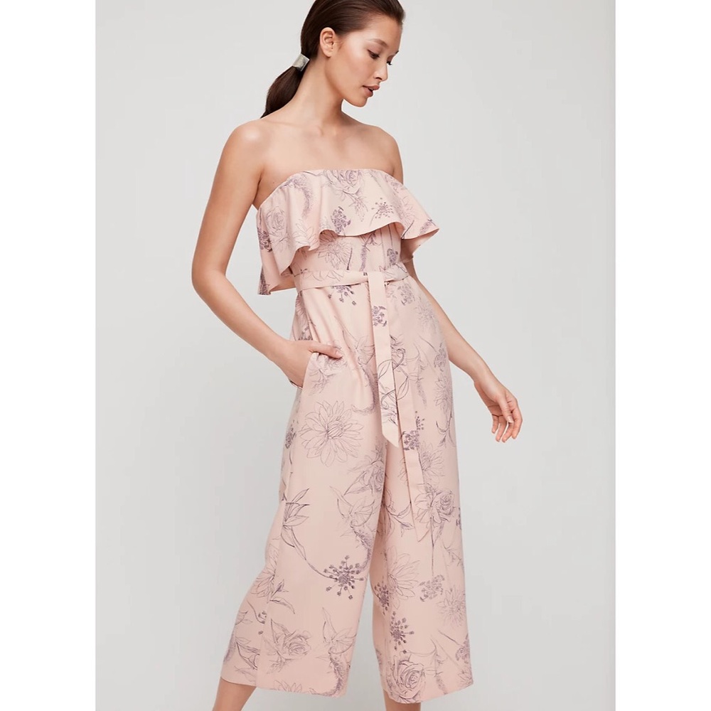 Aritzia Babaton Floral Strapless Pockets Cropped Leg Altamiro Flutter Jumpsuit